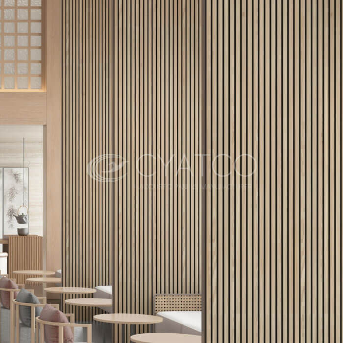 Detail of authentic timber acoustic panelling wall partition in Shanghai hotel bar